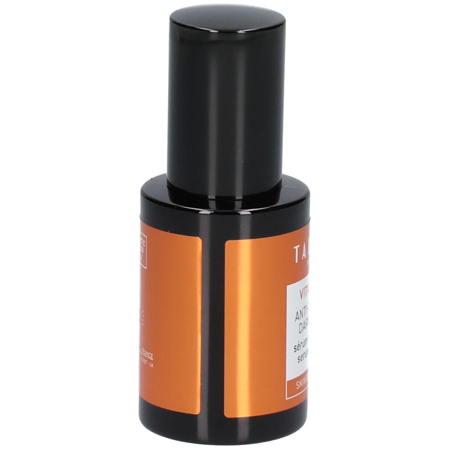 Flacon en verre foncé avec pompe noire et étiquette orange.