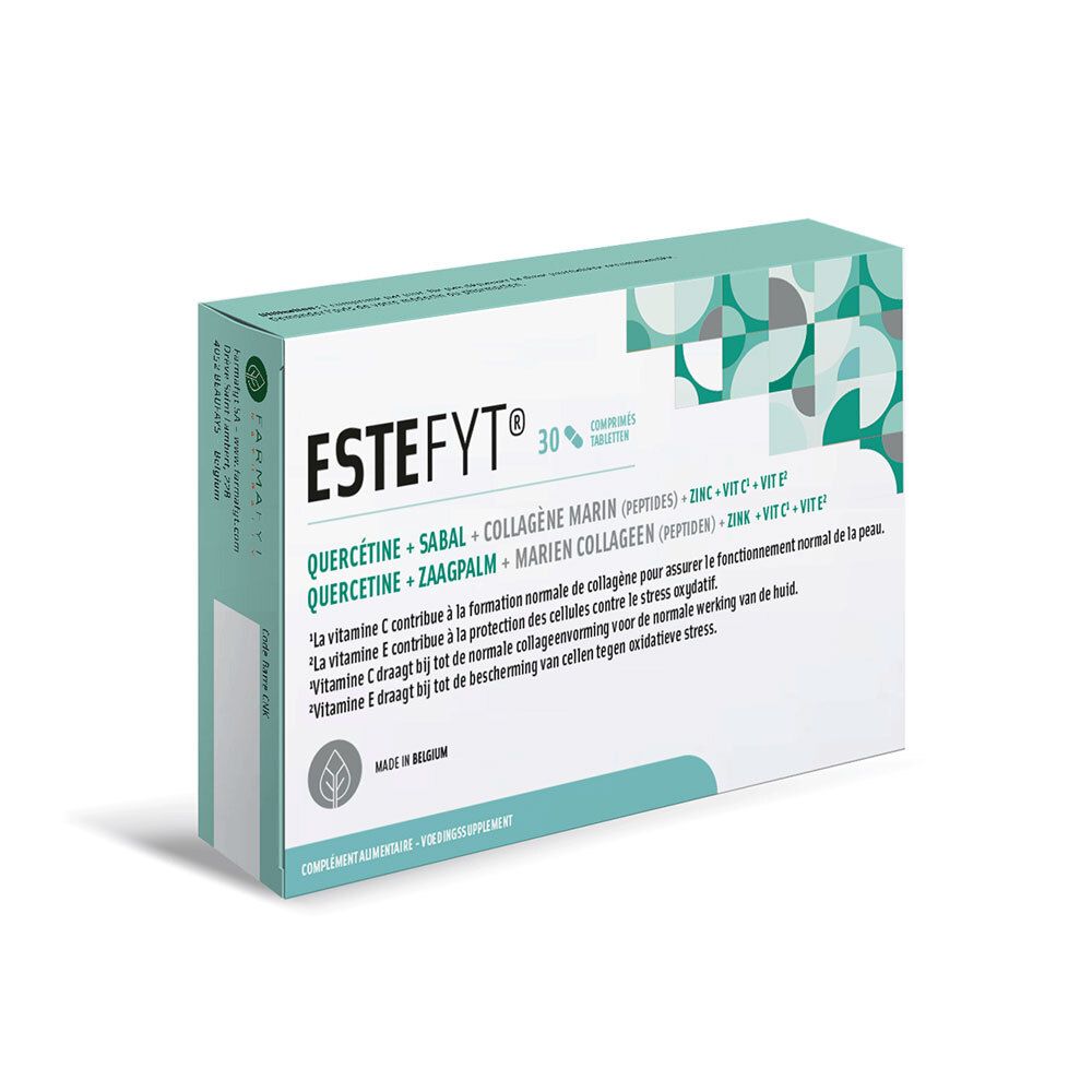 Face avant de la boîte EsteFyt de 30 comprimés, ingrédients: Quercétine, Sabal, Collagène, Zinc, Vitamine C et E.