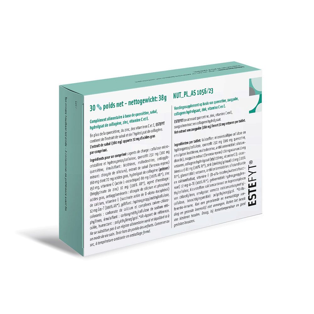 Vue latérale de la boîte EsteFyt de 30 comprimés, informations fabricant et code-barres.