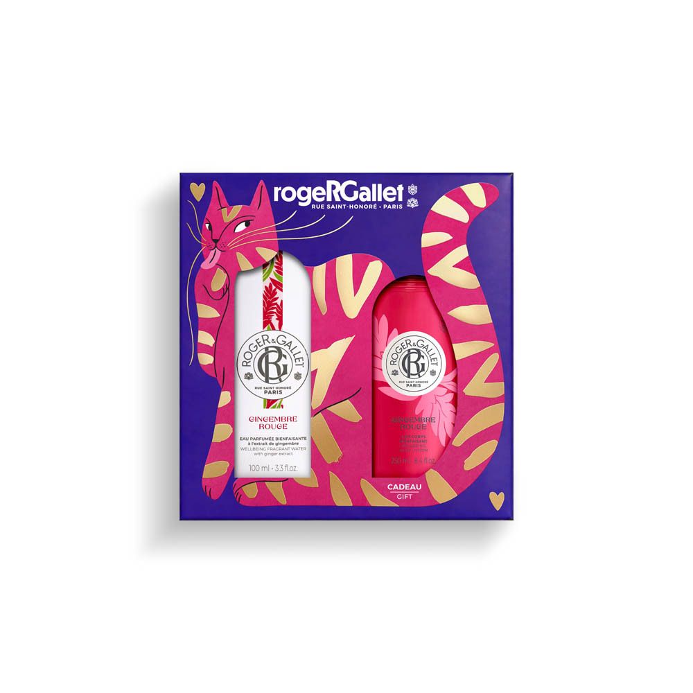 Coffret Roger & Gallet avec Eau Parfumée et Lait Corps dans un emballage chat.