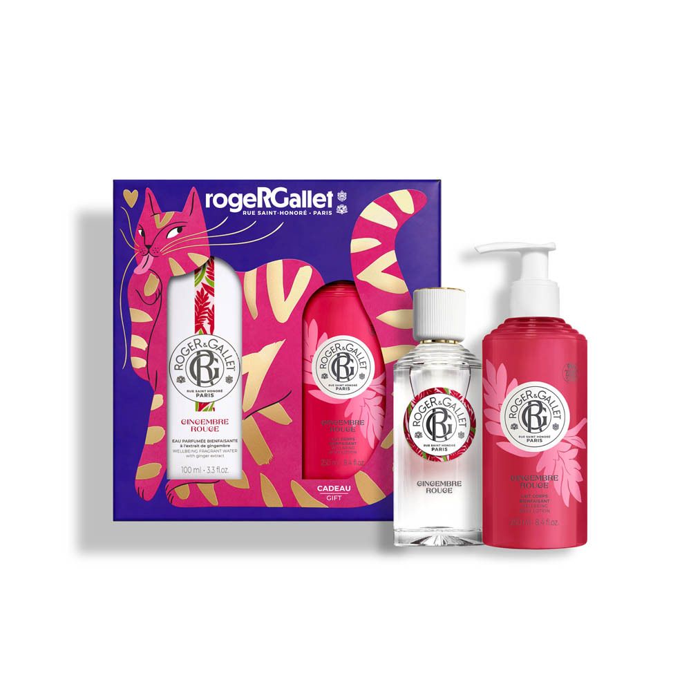Coffret Roger & Gallet, vue de face, avec Eau Parfumée et Lait Corps.