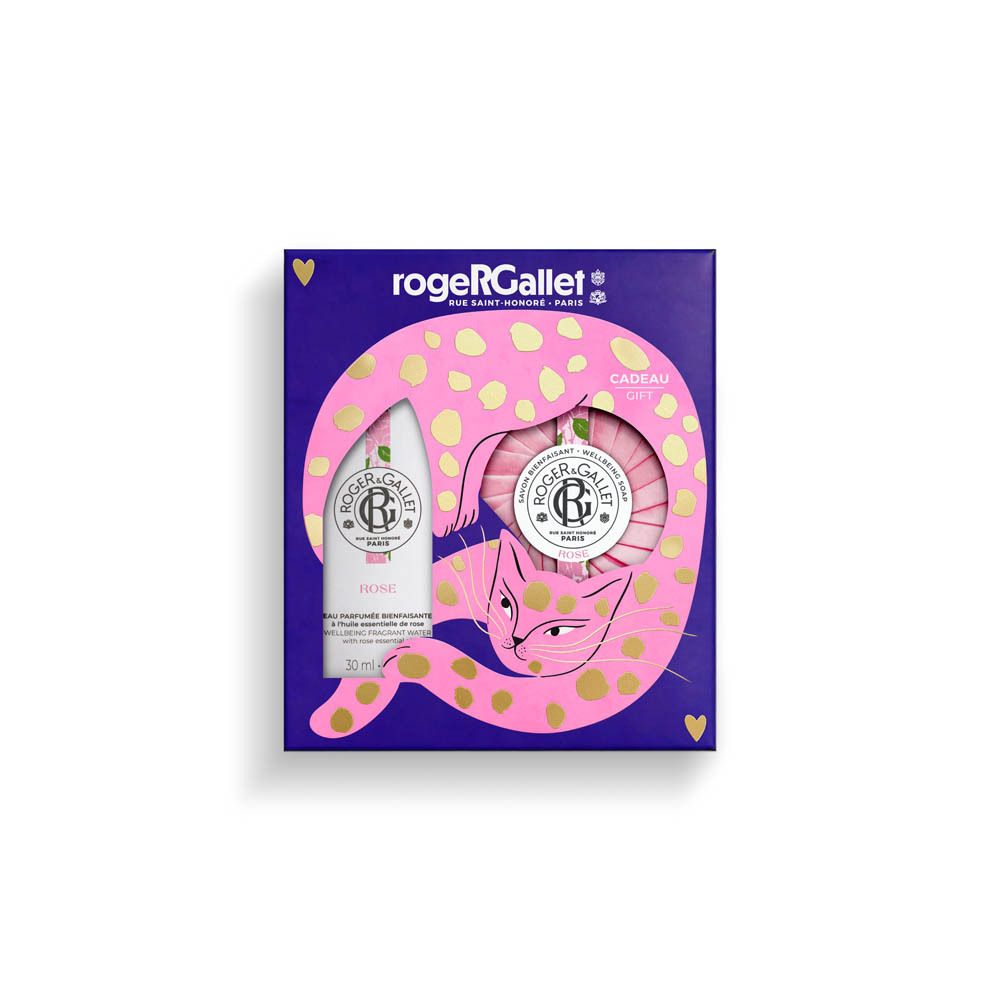 Coffret Roger & Gallet avec Eau Parfumée Rose et Savon, dans une boîte violette avec un chat rose.