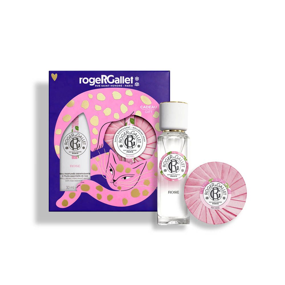 Coffret Roger & Gallet avec Eau Parfumée Rose et Savon, dans une boîte violette avec un chat rose.