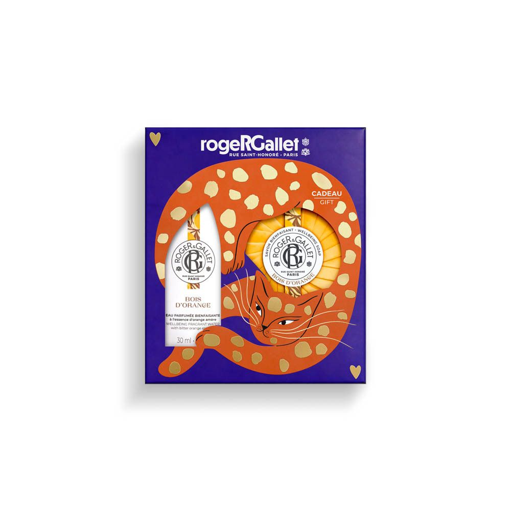 Coffret cadeau Roger & Gallet, Bois d'Orange, chat et symboles de cartes à jouer.