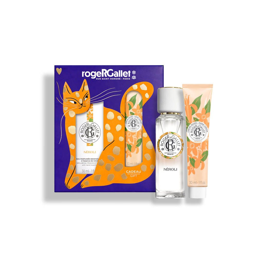Coffret Roger & Gallet, vue de face. Boîte violette avec chat orange, flacon de parfum et crème pour les mains.
