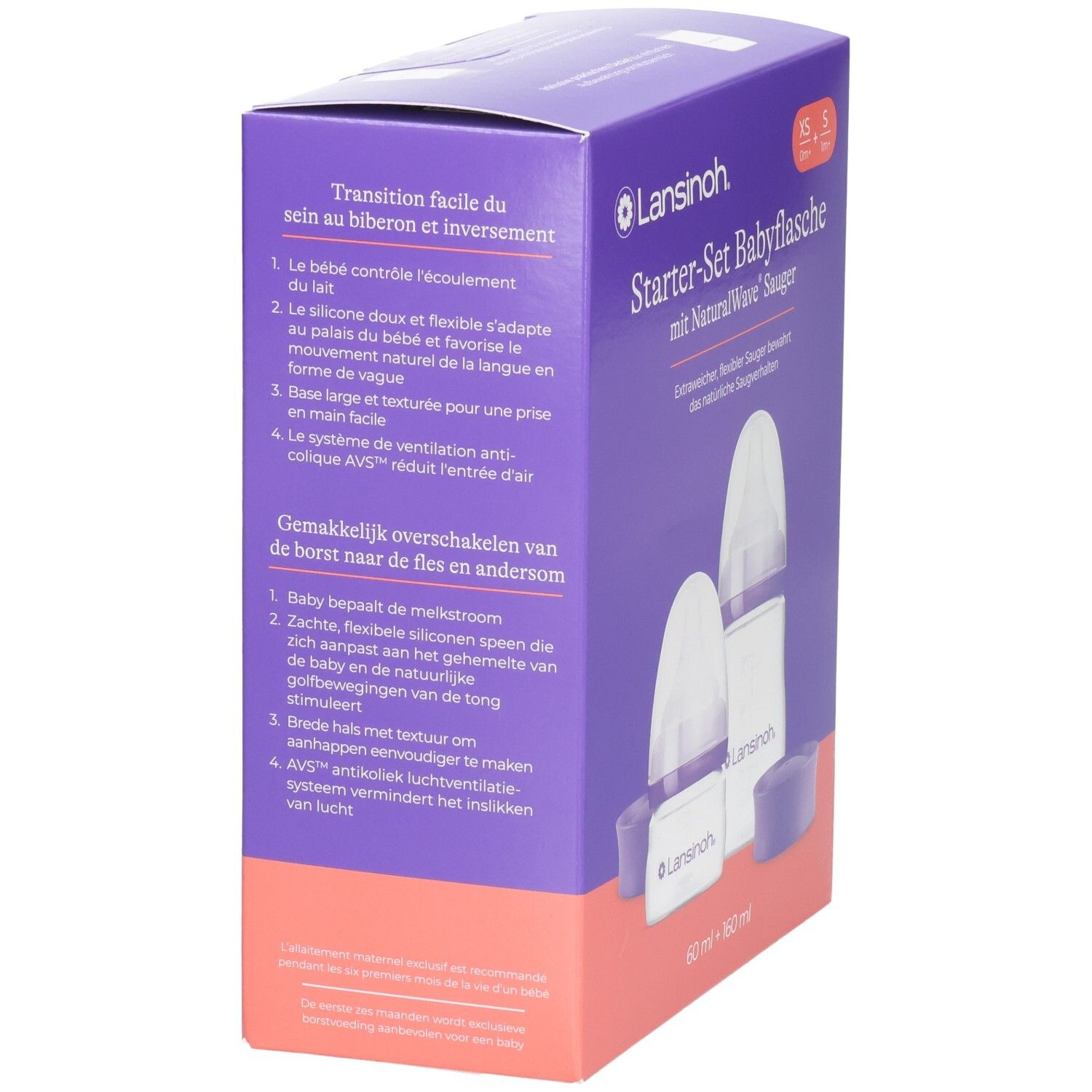 Lansinoh Starter-Set Biberons: Face avant avec illustration du produit et tailles XS, S.