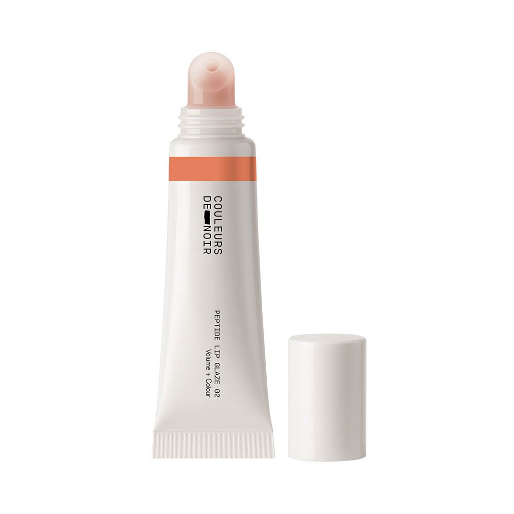 Flacon applicateur du Couleurs de Noir Peptide Lip Glaze 02 Glazed Nectar, ouvert, avec applicateur visible.