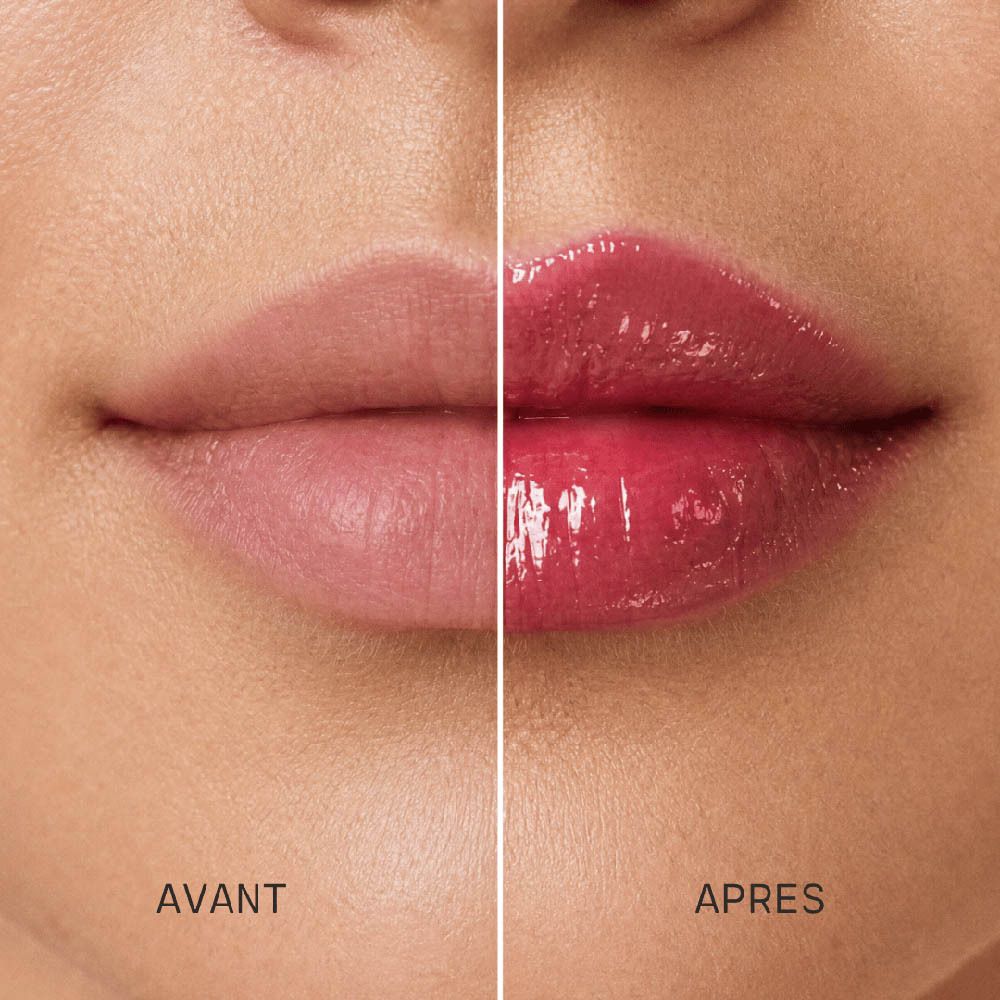 Comparaison avant-après des lèvres avec Couleurs de Noir Peptide Lip Glaze.