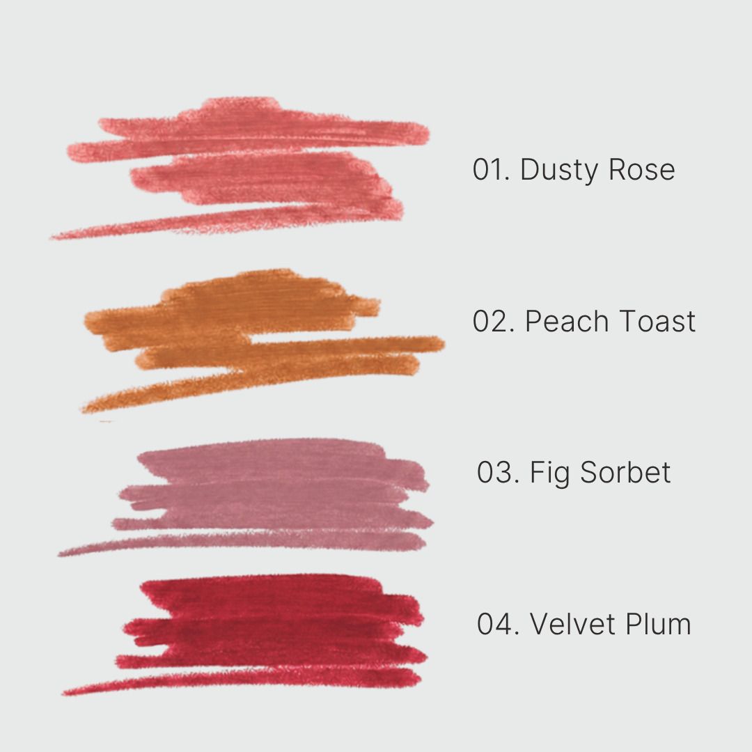 Emballage avec sceaux pour 'Testé dermatologiquement', 'Pigments minéraux' et 'Produit végétalien'.