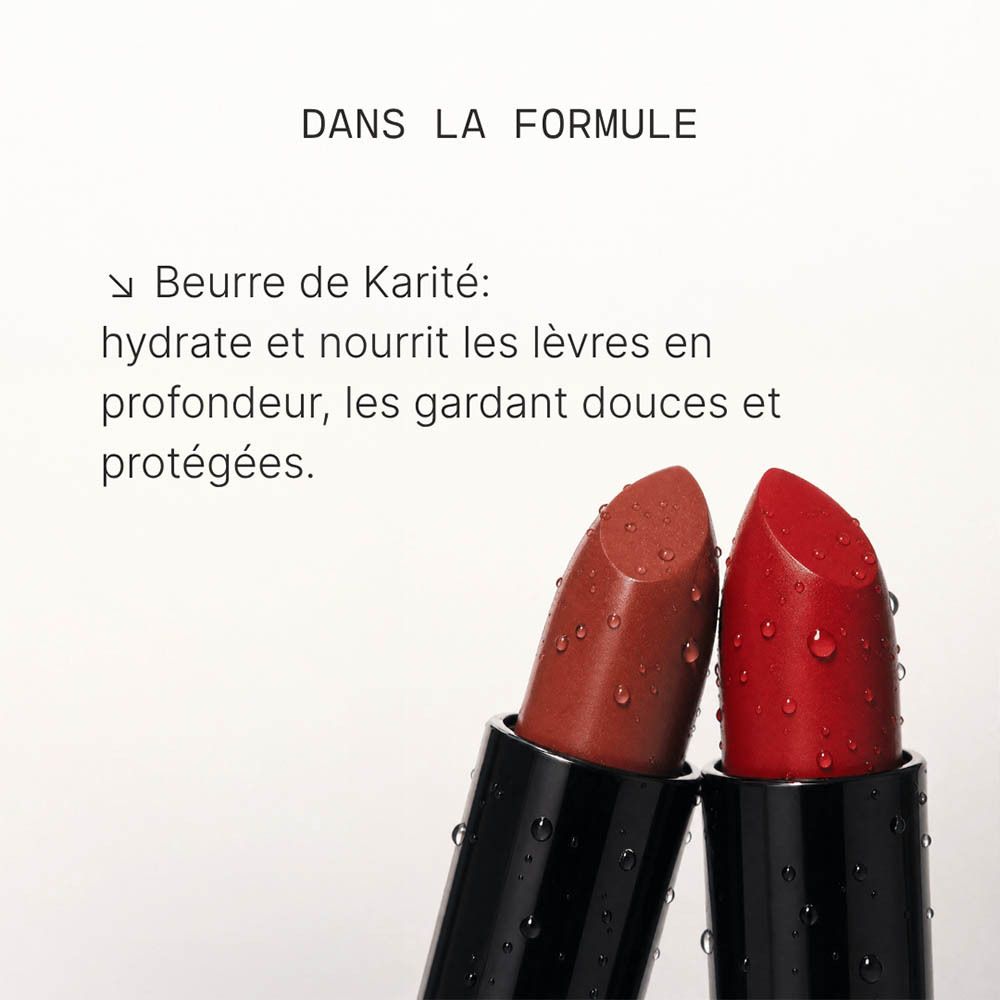 Emballage du rouge à lèvres SPF30, formule hydratante, beurre de karité.