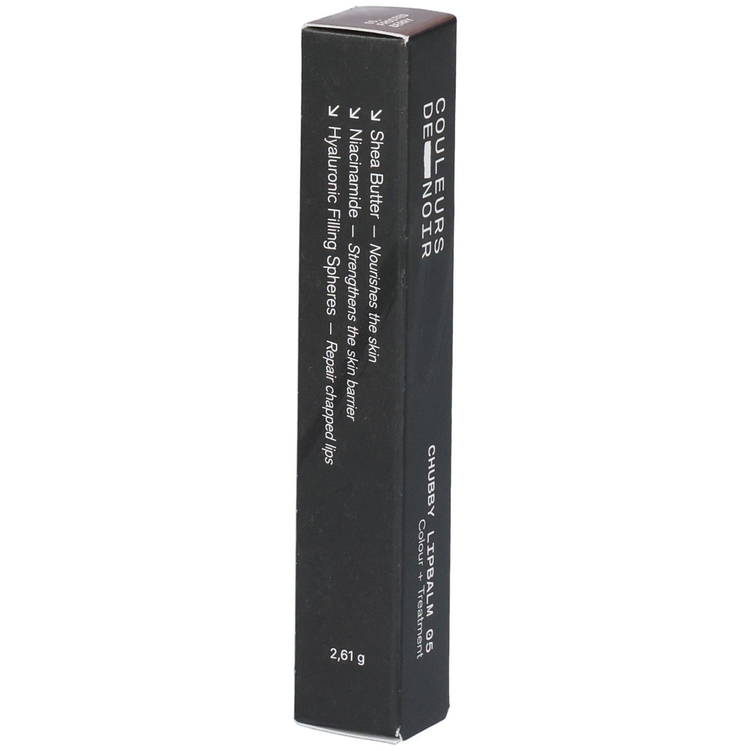 Emballage noir pour Chubby Lipbalm 05, mentionnant le beurre de karité et la niacinamide.
