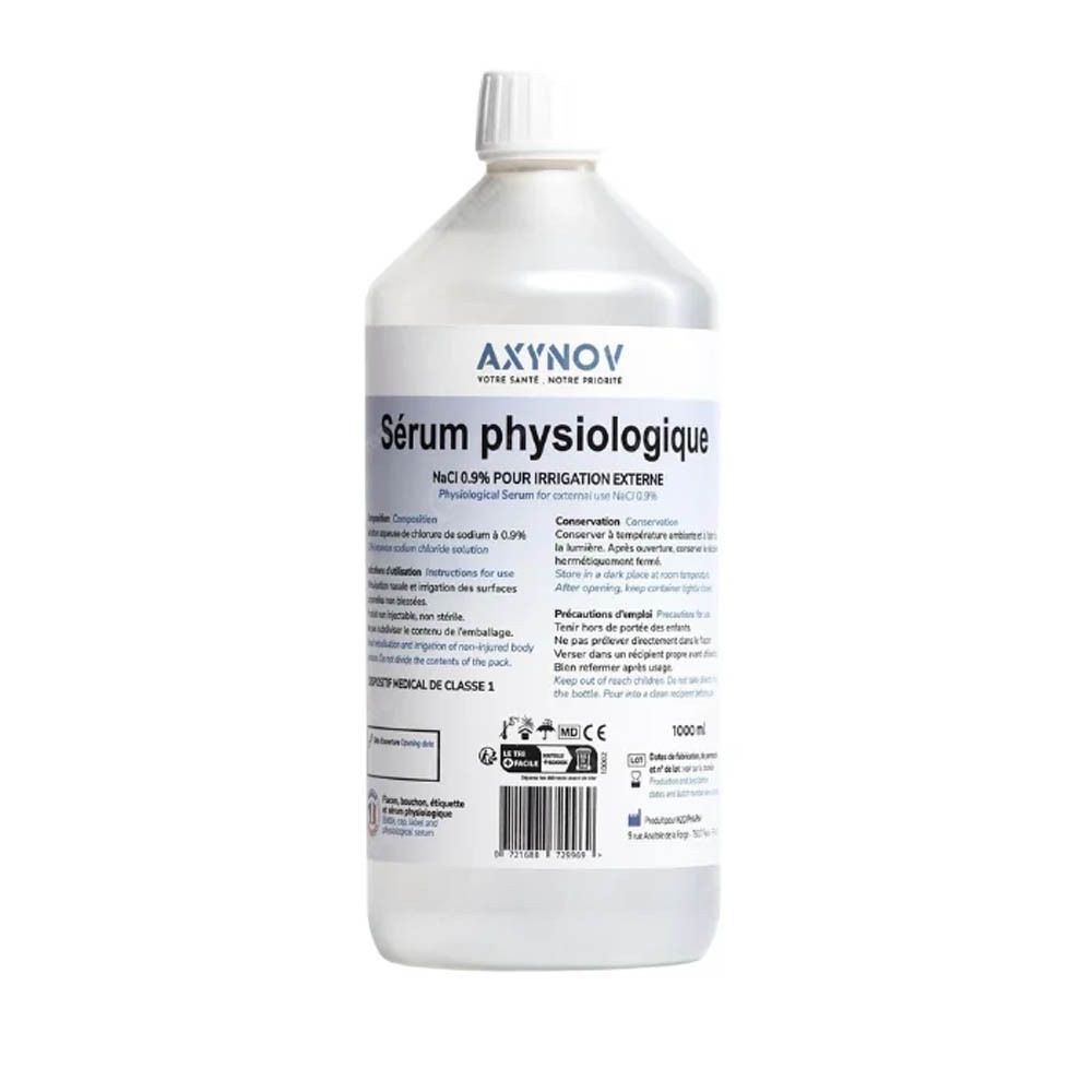 Axynov sérum physiologique 0,9% pour irrigation externe en flacon de 1000ml.