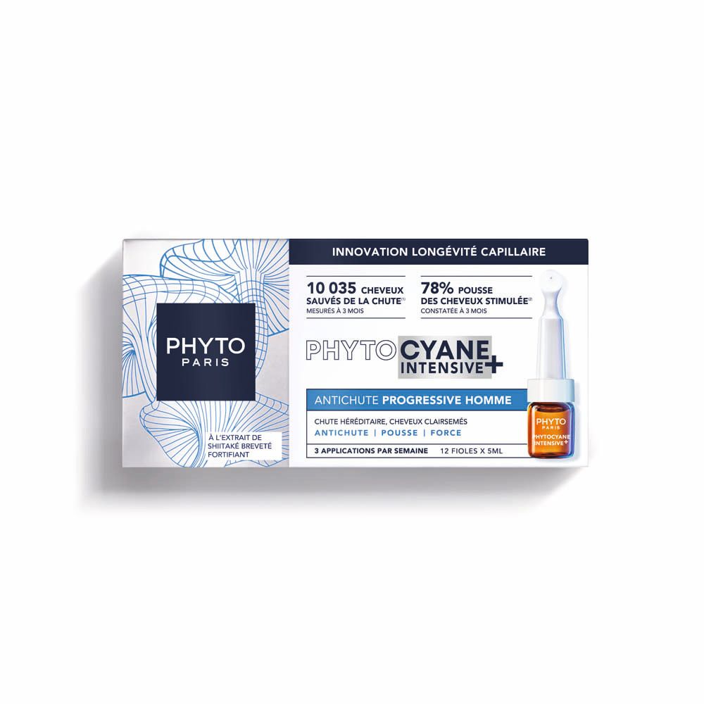 Boîte Phyto Paris Phytocyane Intensive+ de 12 ampoules de 5ml, traitement progressif anti-chute pour hommes.