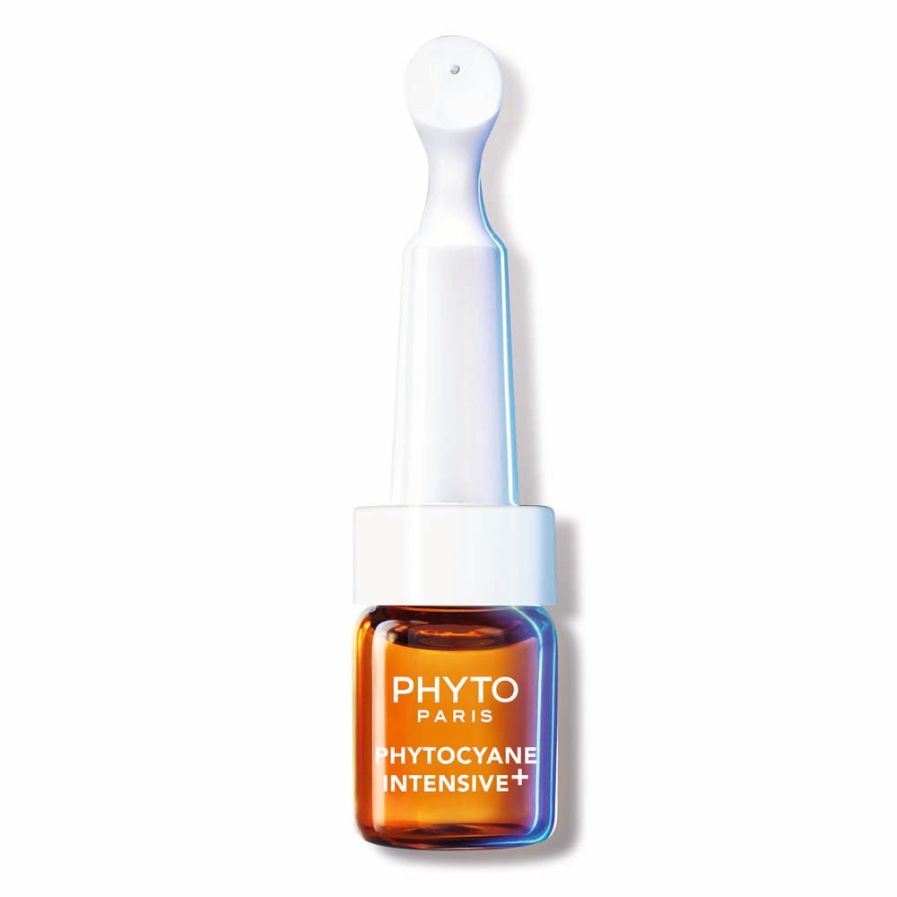 Boîte Phyto Paris Phytocyane Intensive+ de 12 ampoules de 5ml, traitement progressif anti-chute pour hommes.