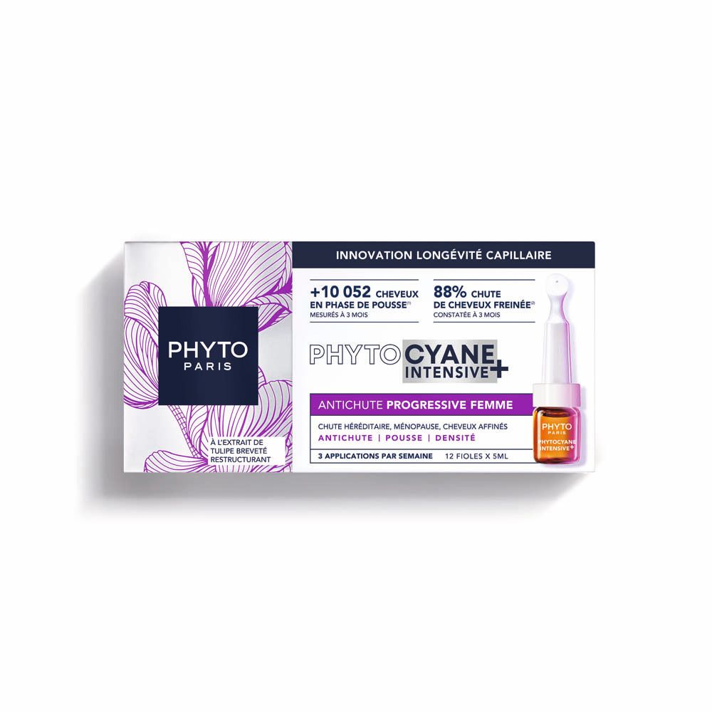 Phyto Paris PhytoCyane Intensive+ ampoules antichute progressive pour femmes. Boîte de 12 ampoules de 5ml.