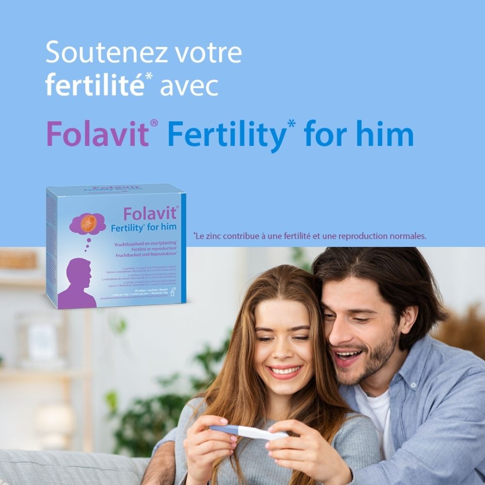 Boîte Folavit Fertility for him de 28 sachets. Contient des ingrédients pour la fertilité et la reproduction.