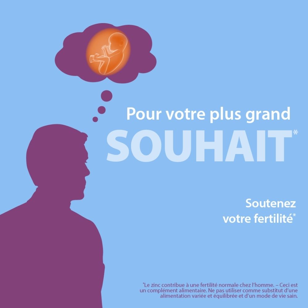Silhouette d'un homme avec un fœtus dans un rêve. Texte : 'Pour votre plus grand souhait. Soutenez votre fertilité.'