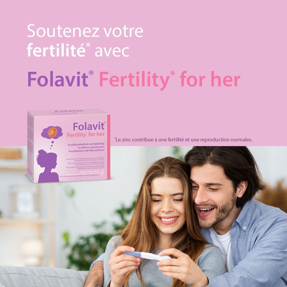 Boîte Folavit Fertility for her de 28 sachets. Emballage rose avec silhouette de femme et symbole de bébé.