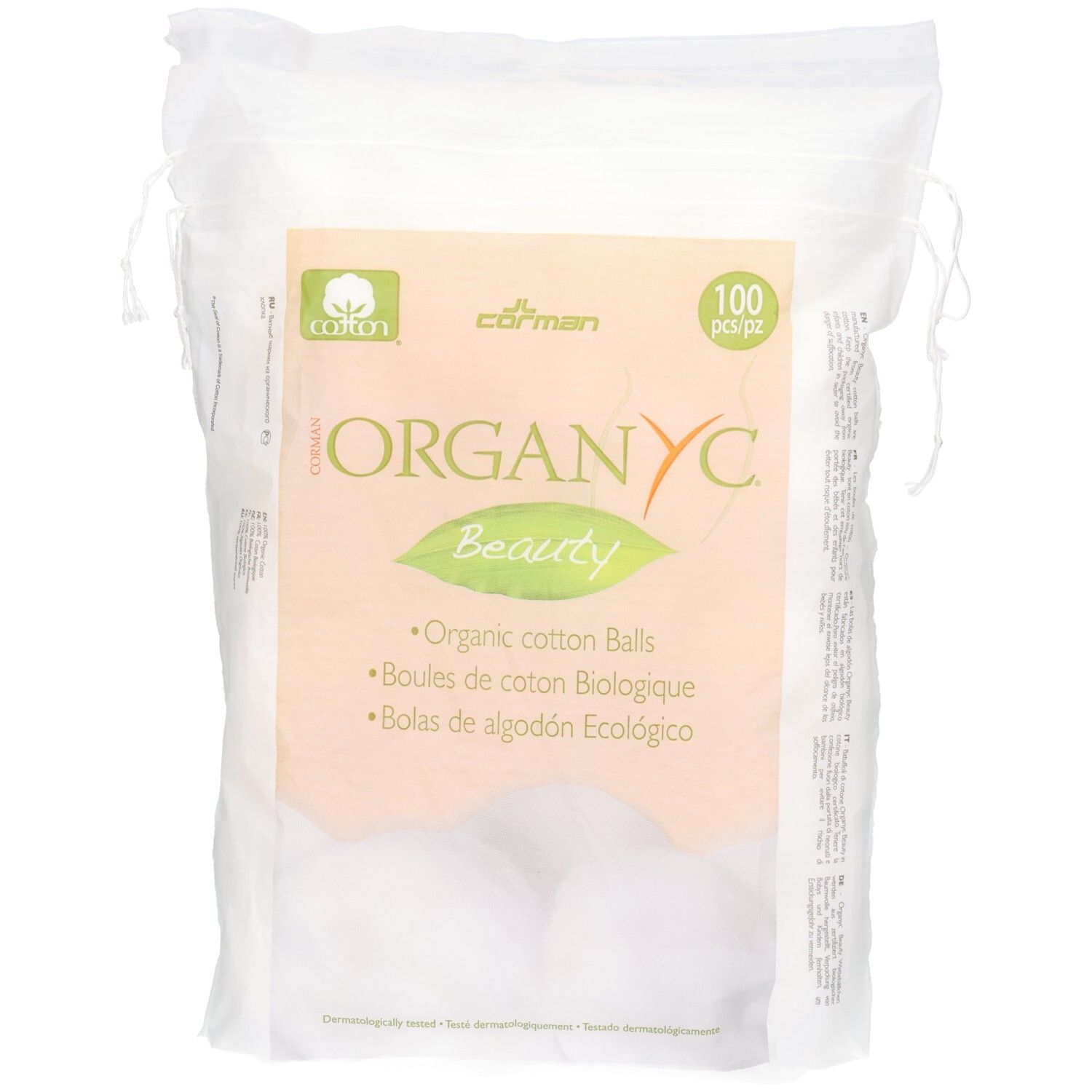 Boules de coton bio Organyc, 100 pièces. Dans un sac refermable.