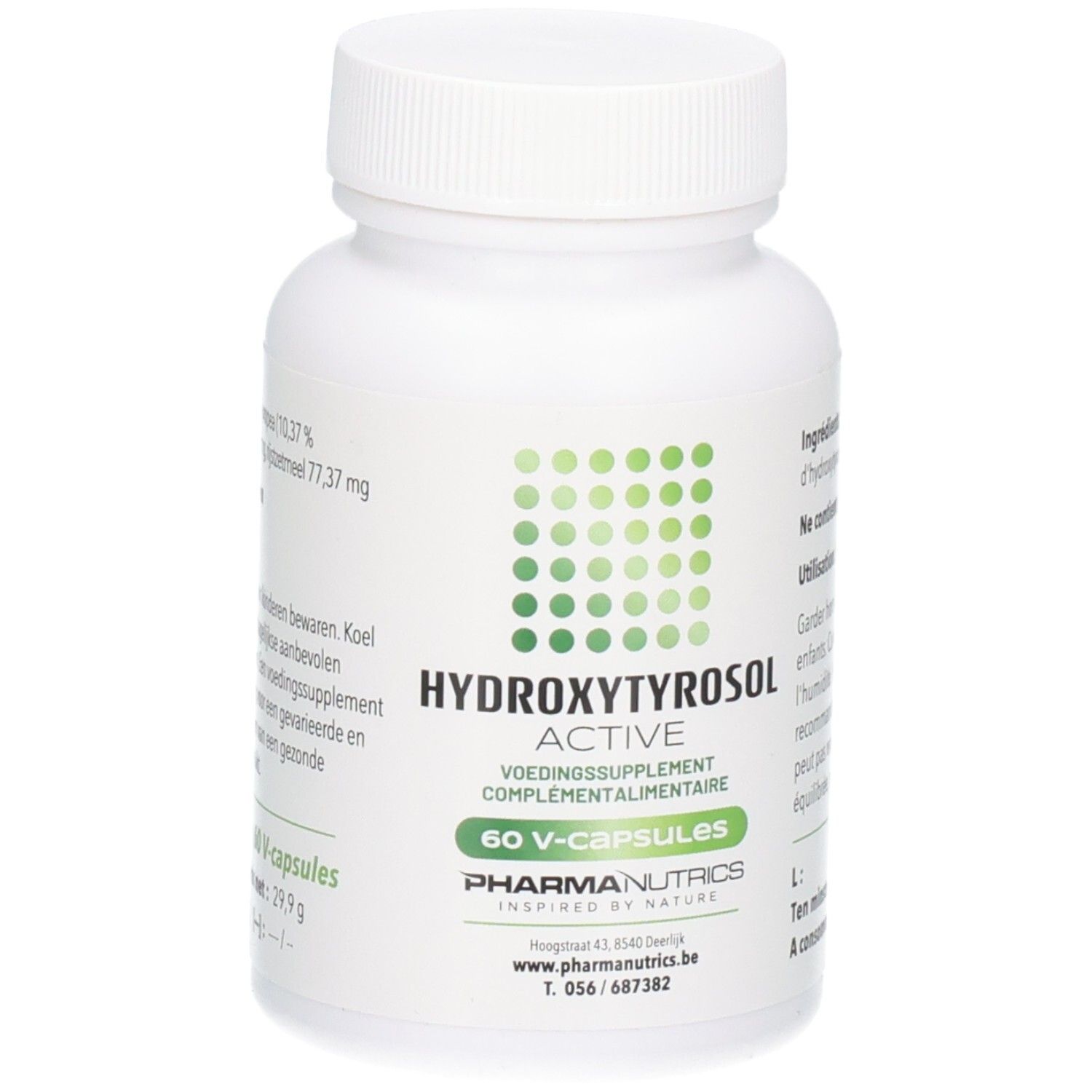 Flacon blanc, étiquette verte. Inscription: HYDROXYTYROSOL ACTIVE, 60 V-CAPS, PharmaNutrics.
