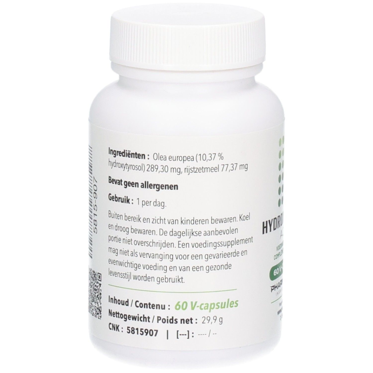 Dos de la bouteille blanche. Contient des informations sur les ingrédients, le dosage et les avertissements.