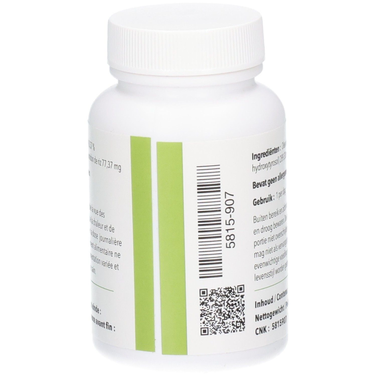 Dos de la bouteille blanche avec bande verte et code QR. Contient des informations.