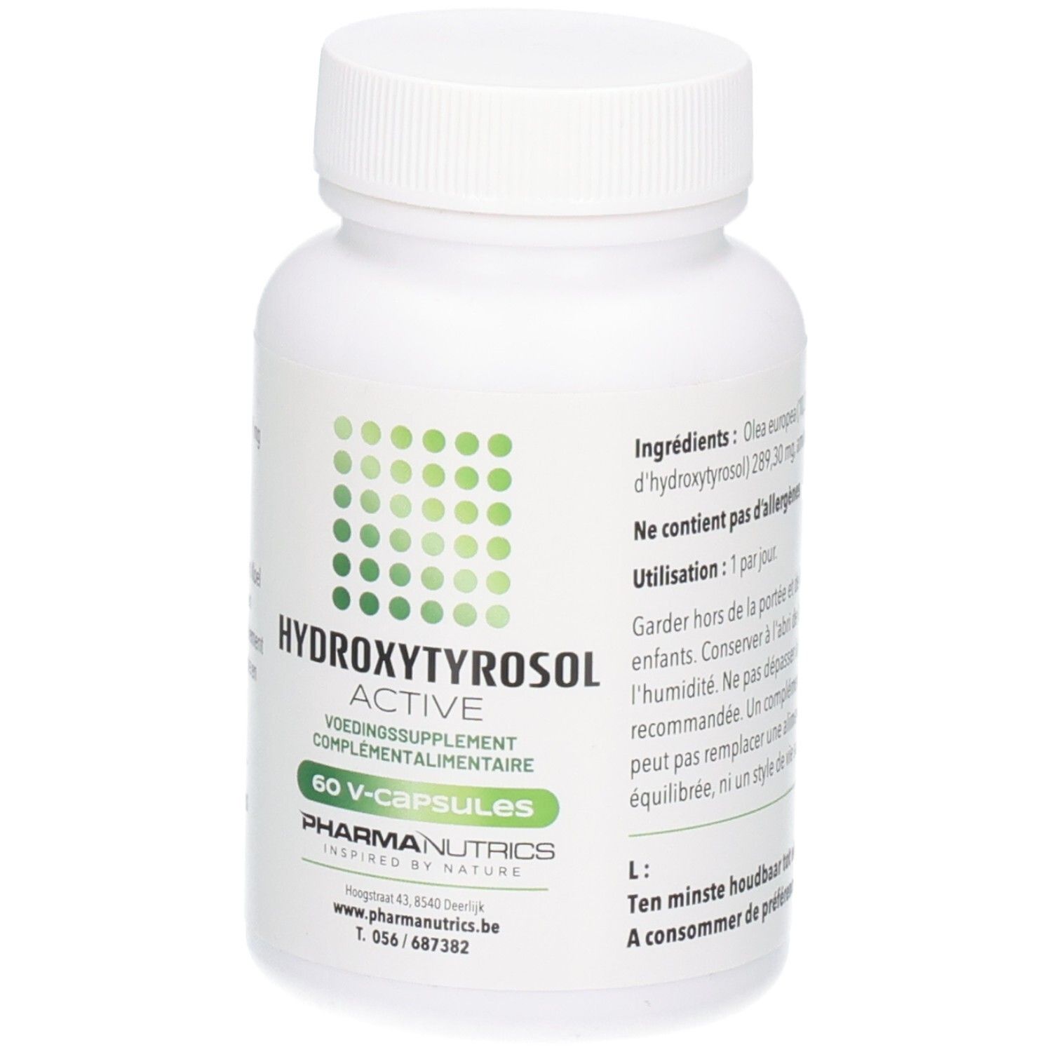 Flacon blanc, étiquette verte. Inscription: HYDROXYTYROSOL ACTIVE, 60 V-CAPS, PharmaNutrics.