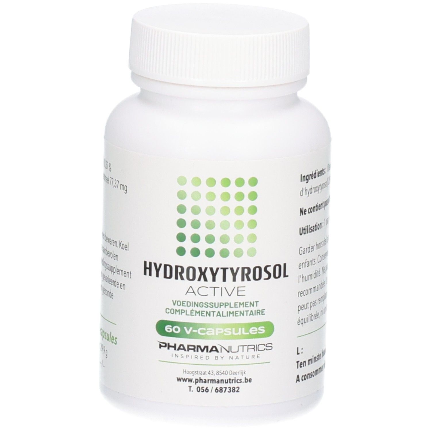 Flacon blanc, étiquette verte. Inscription: HYDROXYTYROSOL ACTIVE, 60 V-CAPS, PharmaNutrics.