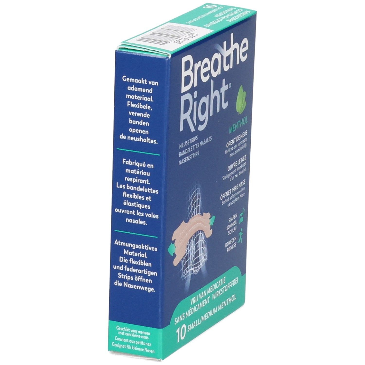 Breathe Right Menthol Bandelettes nasales, dos du paquet avec informations produit.