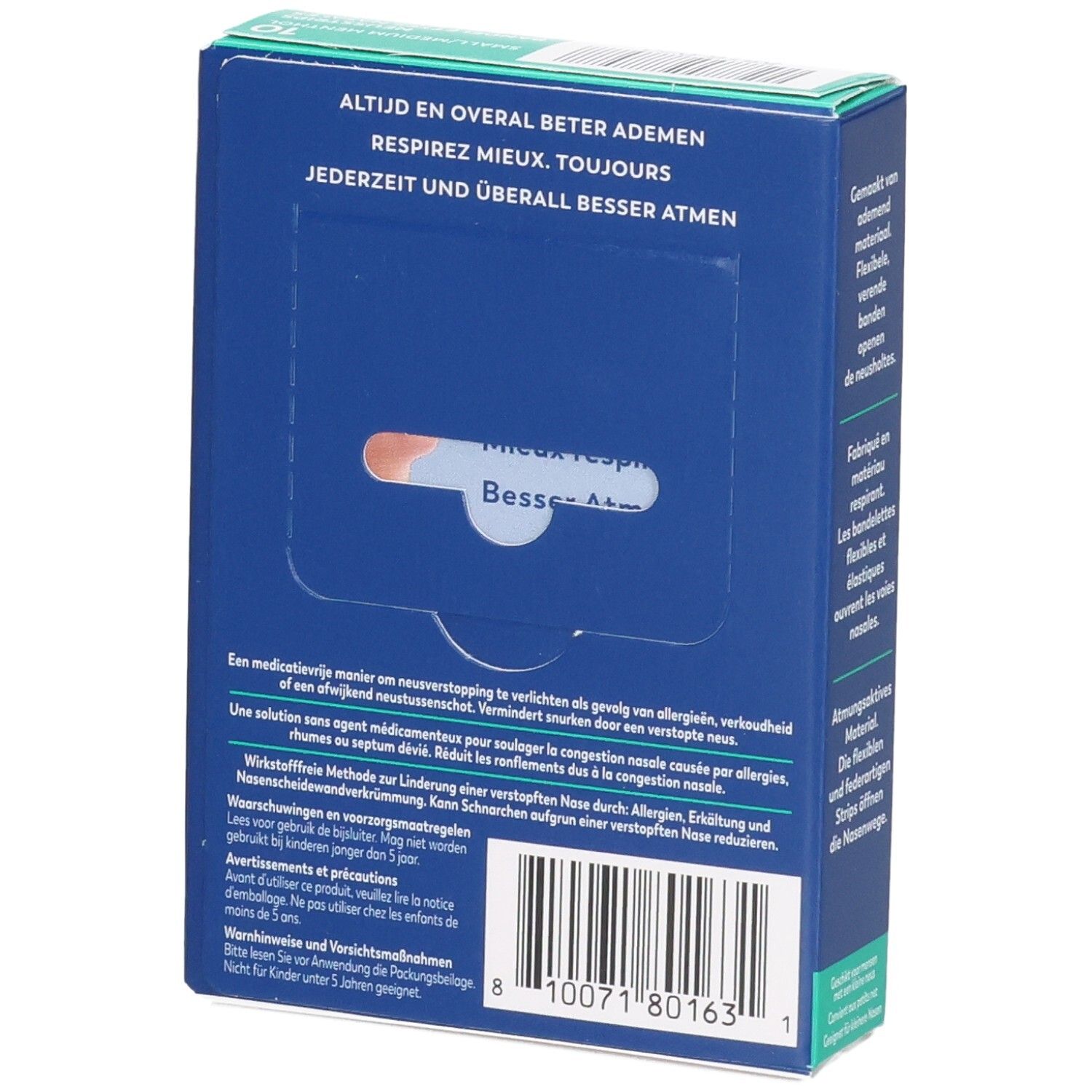 Breathe Right Menthol Bandelettes nasales, dos du paquet avec instructions d'utilisation.