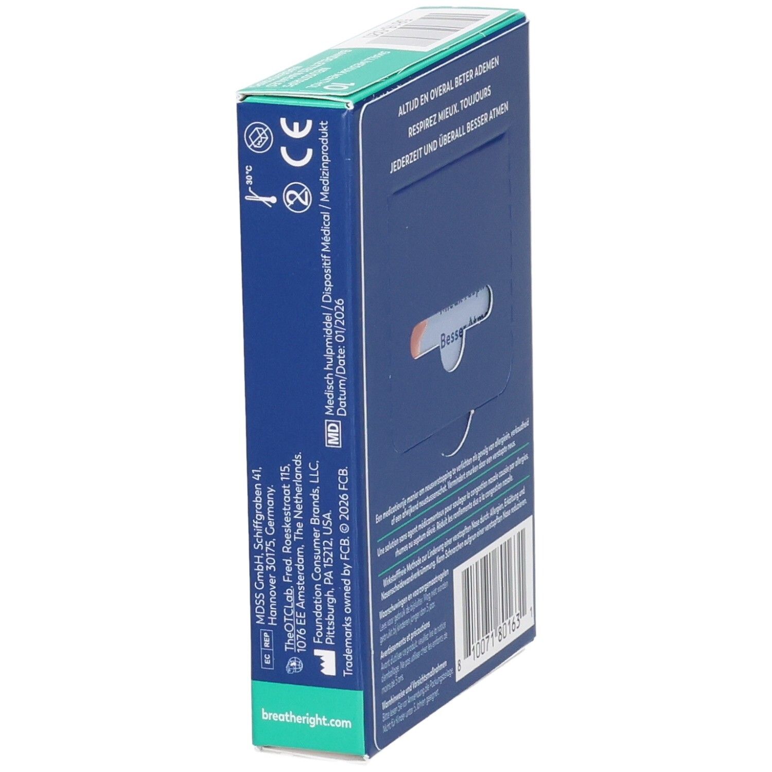 Breathe Right Menthol Bandelettes nasales, côté avec informations fabricant et homologations.