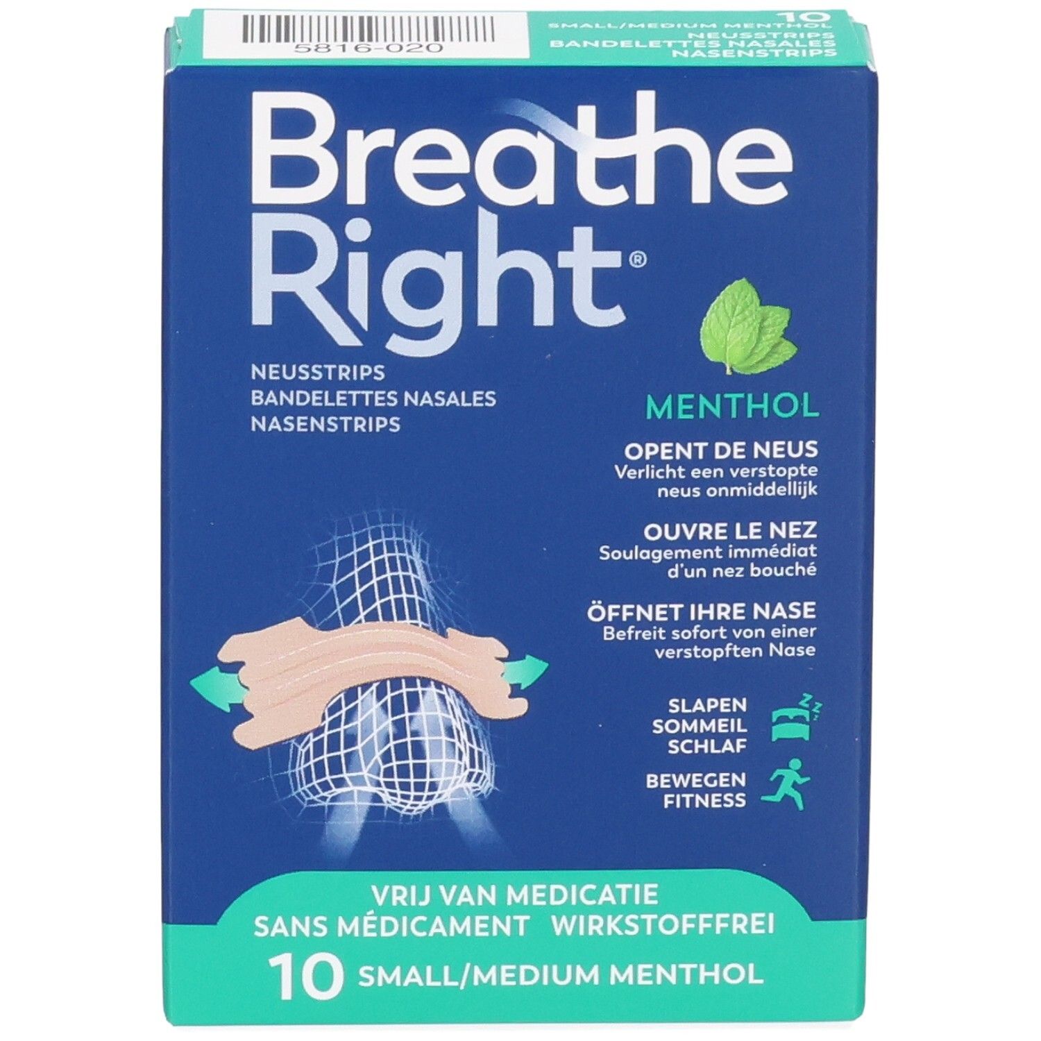 Breathe Right Menthol Bandelettes nasales, face avant avec illustration du produit.
