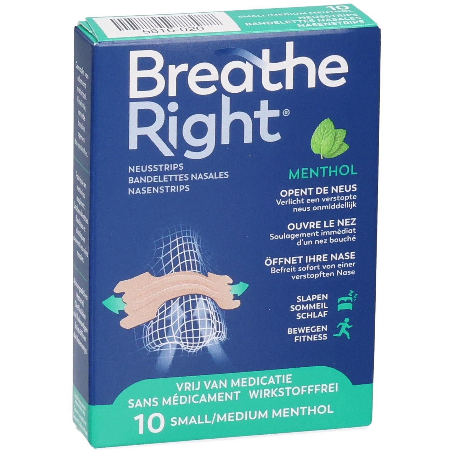 Breathe Right Menthol Bandelettes nasales, 10 pièces Small/Medium.