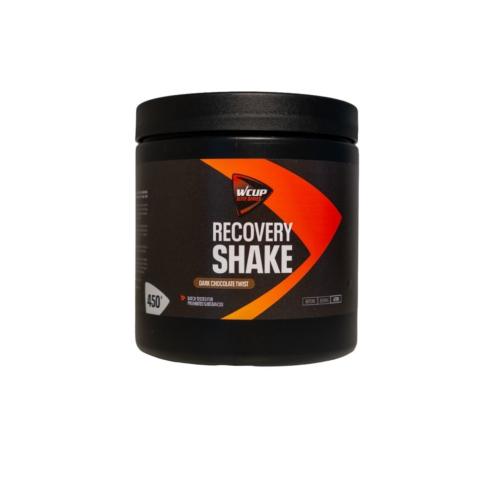 Shake de récupération saveur chocolat noir dans un pot noir avec un design orange-rouge. 450g.