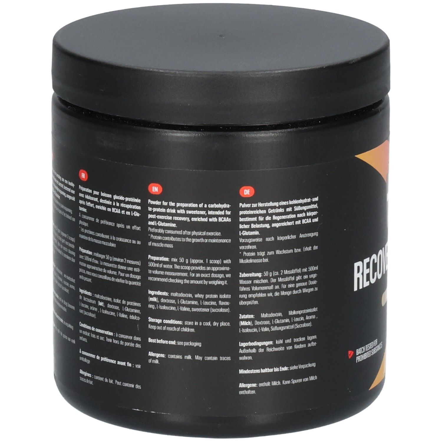 Arrière d'un récipient noir avec Wcup Recovery Shake Vanilla 450g, informations nutritionnelles et instructions.