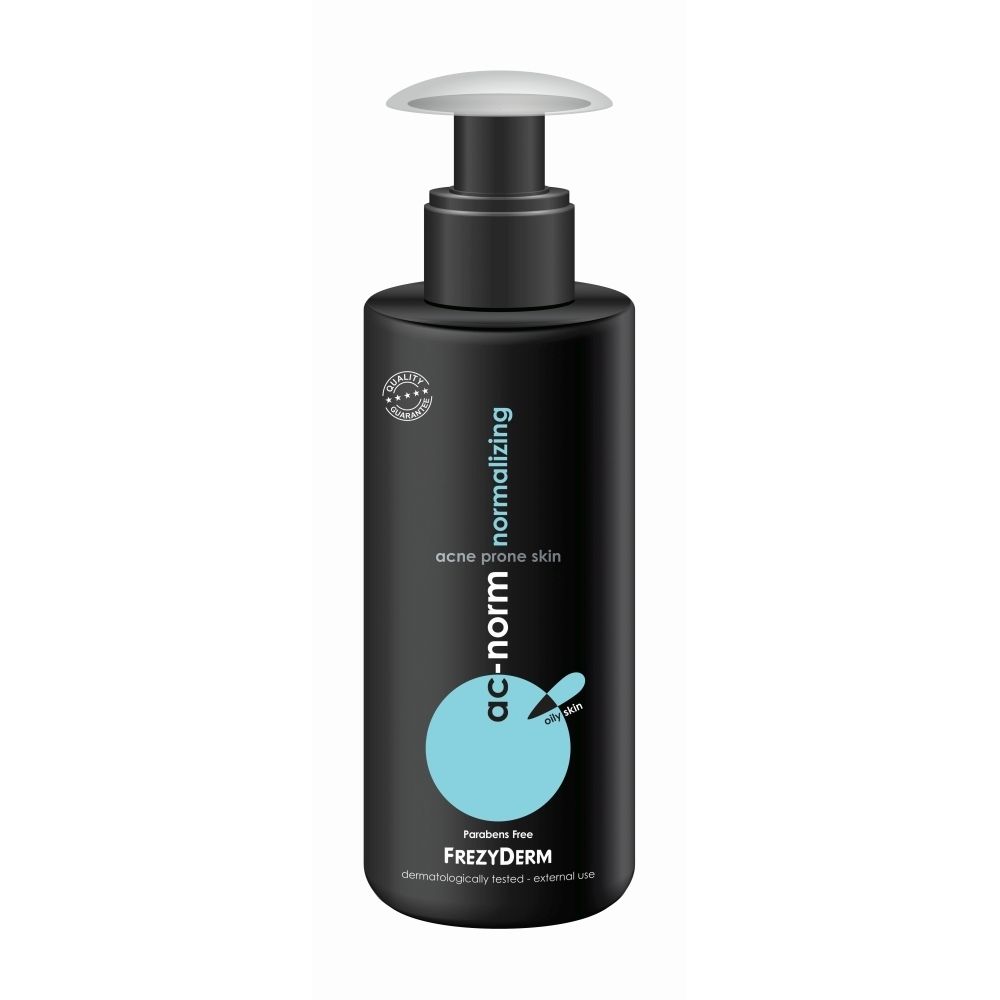 Lotion Frezyderm Ac-Norm : flacon noir avec pompe, pour peaux à tendance acnéique.