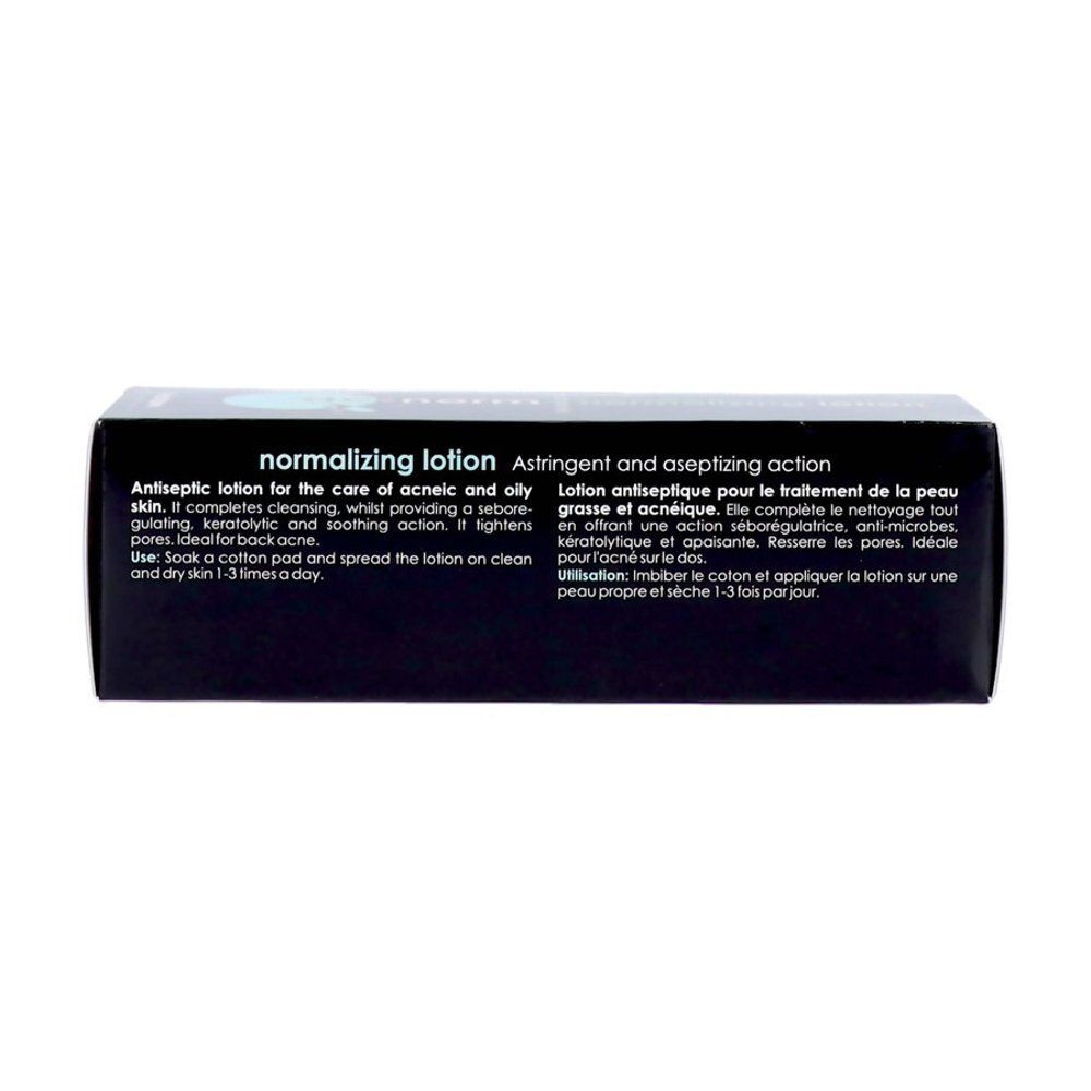 Lotion Frezyderm Ac-Norm : dos du flacon avec instructions d'utilisation.