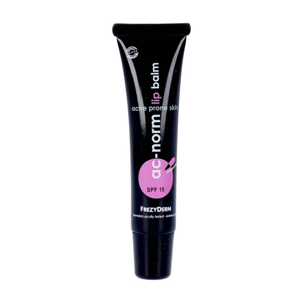 Arrière du tube de baume à lèvres Frezyderm Ac-Norm avec ingrédients et instructions.