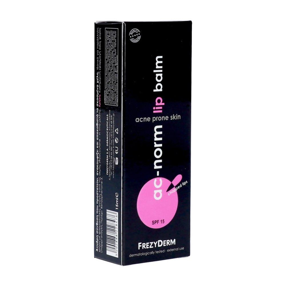 Boîte de baume à lèvres Frezyderm Ac-Norm, face avant avec informations produit.