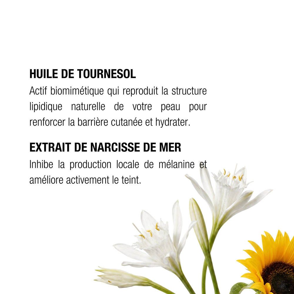 Hydra+ Fluid Moisturizer SPF50, montre "Huile de tournesol" et "Extrait de narcisse de mer".