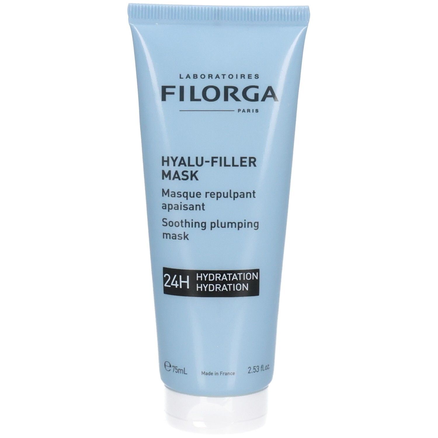 Tube bleu clair avec inscription Filorga Hyalu-Filler Mask et mention 24h Hydration.