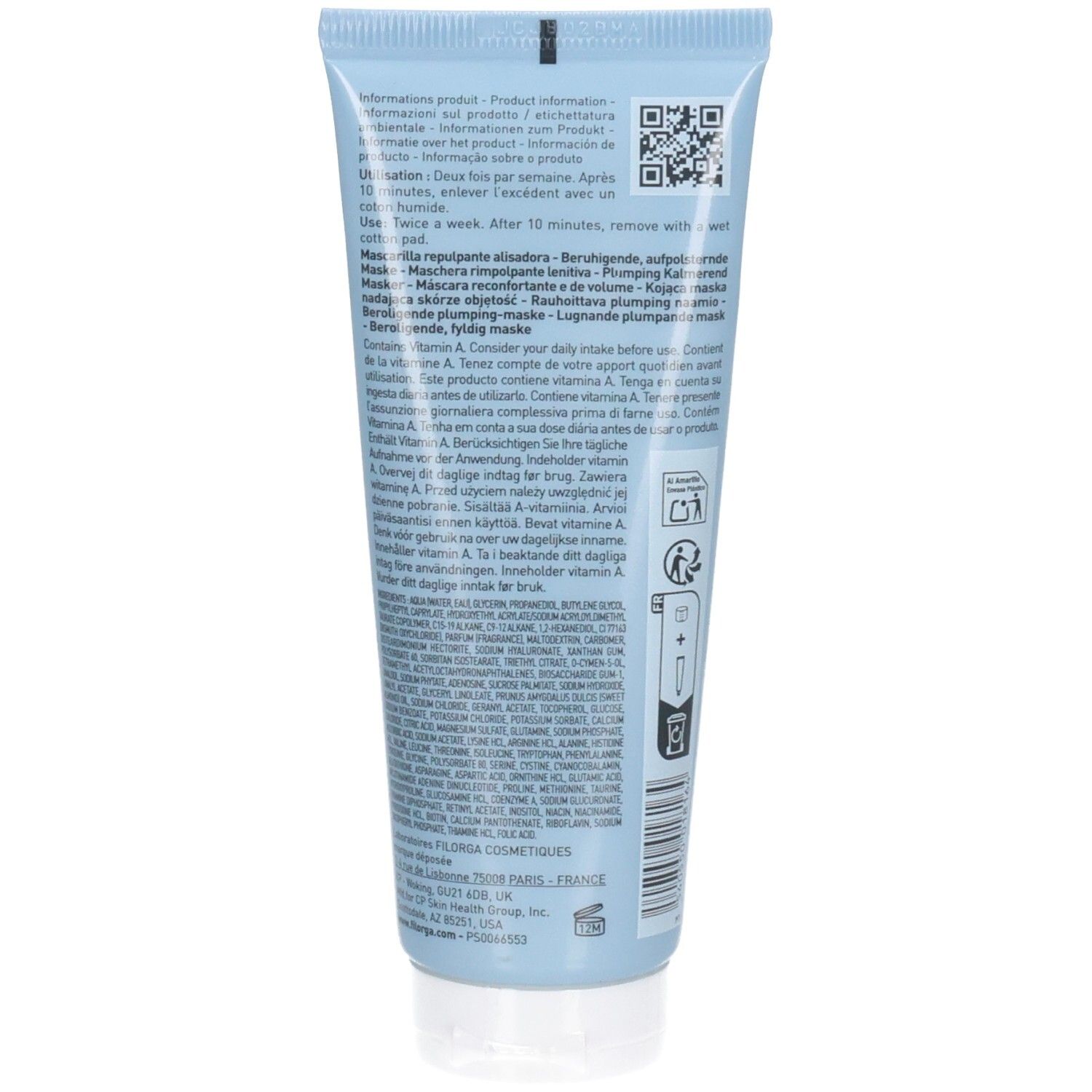 Dos d'un tube bleu clair avec informations produit et liste des ingrédients Filorga Hyalu-Filler Mask.