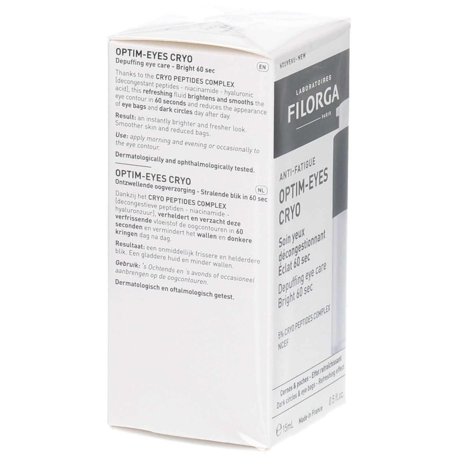 Arrière de la boîte Filorga Optim-Eyes Cryo avec instructions et ingrédients.