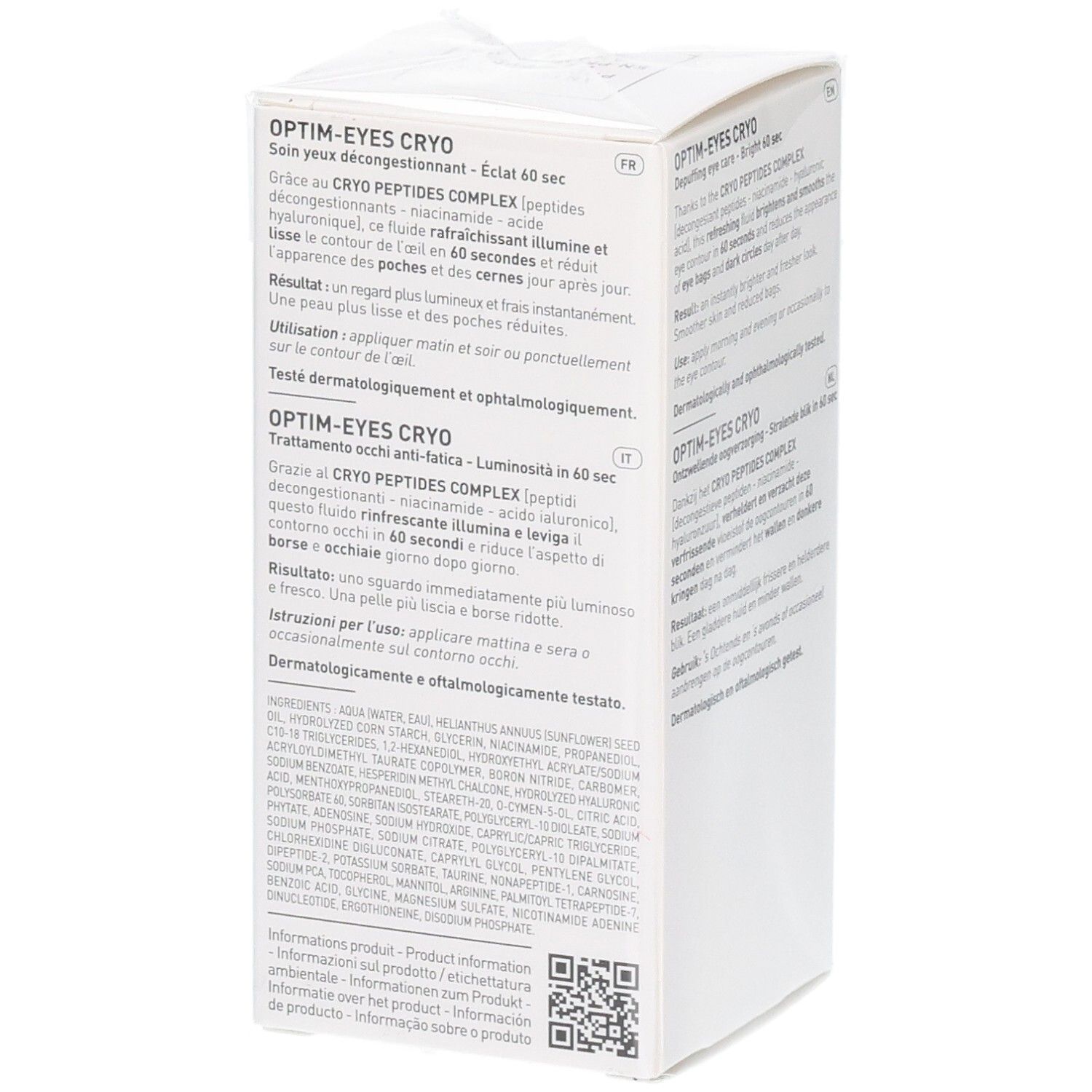 Vue latérale de la boîte Filorga Optim-Eyes Cryo avec informations détaillées.