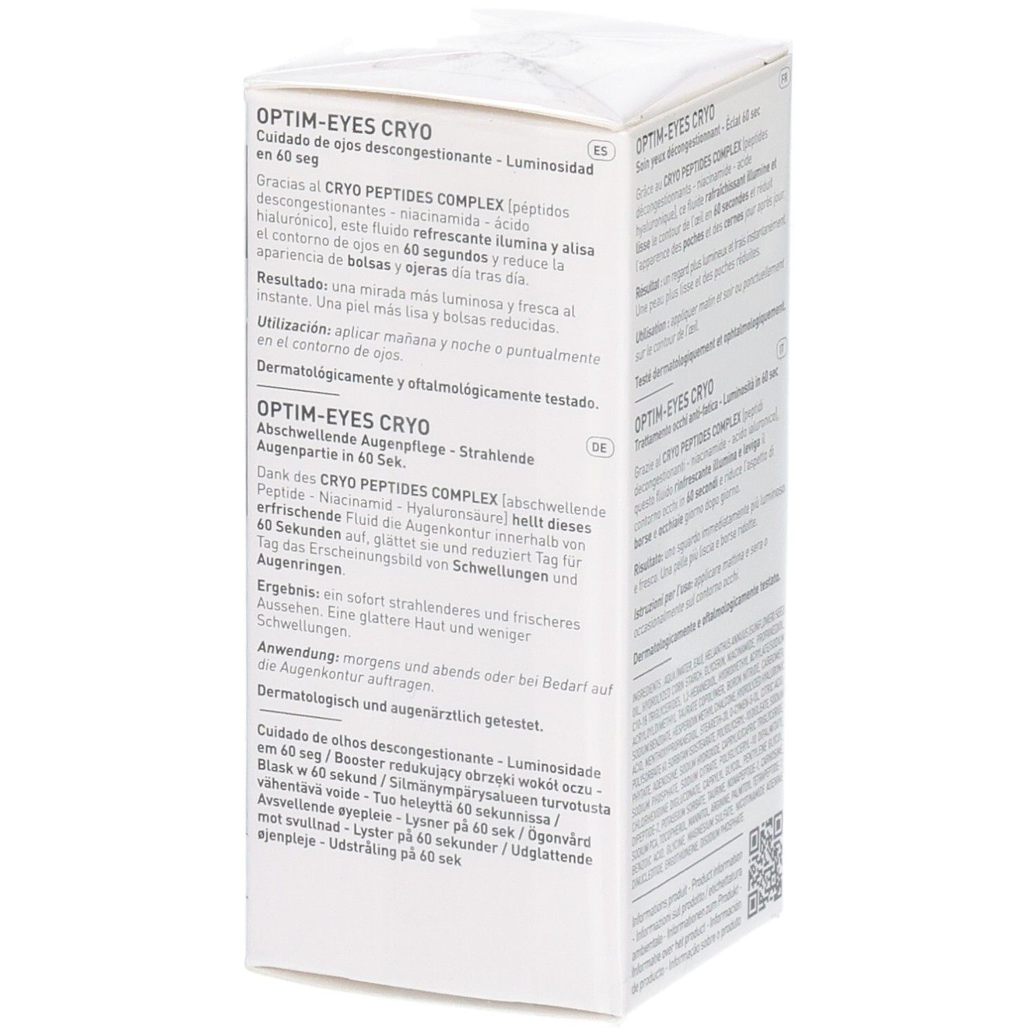 Boîte Filorga Optim-Eyes Cryo, face avant avec nom du produit et illustration de l'applicateur.