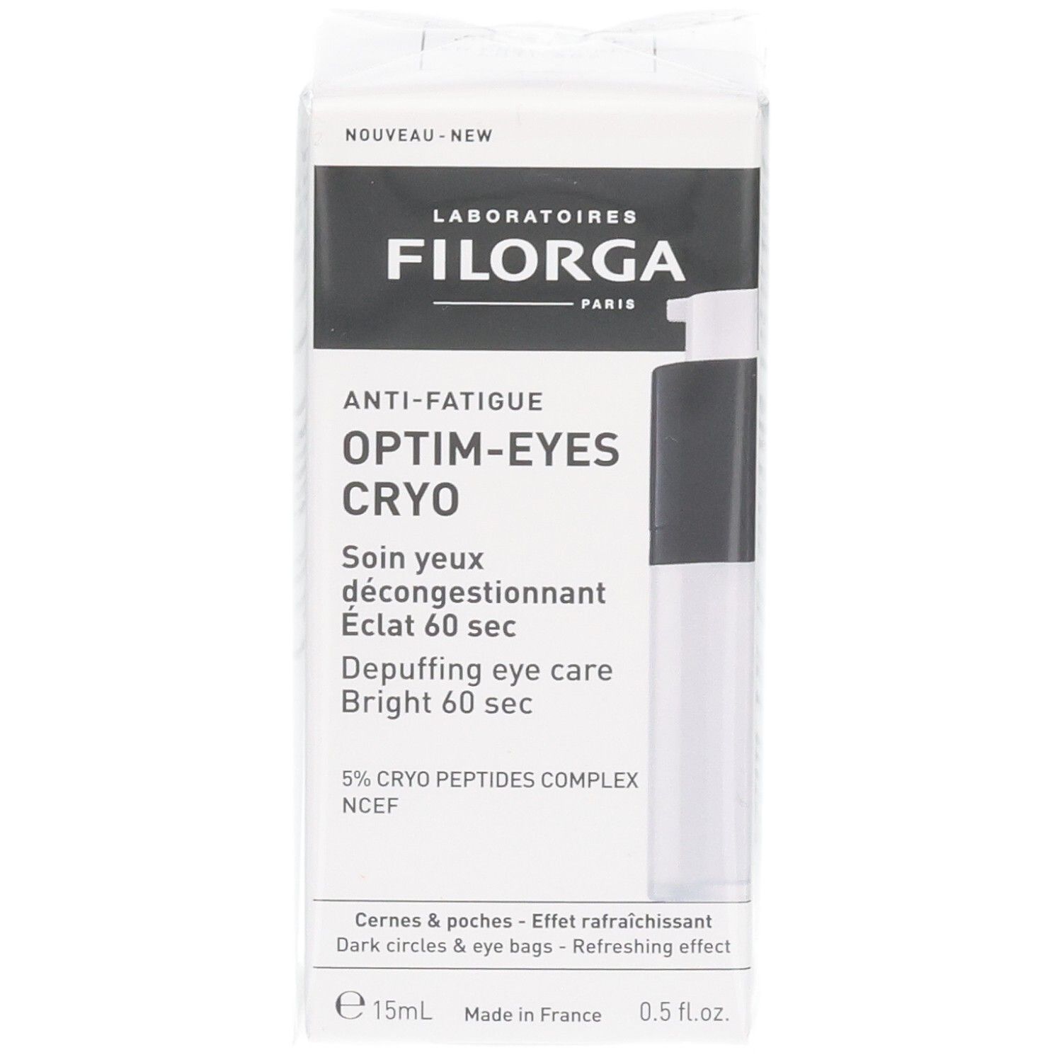 Boîte Filorga Optim-Eyes Cryo pour les yeux, face avant avec nom du produit et applicateur.