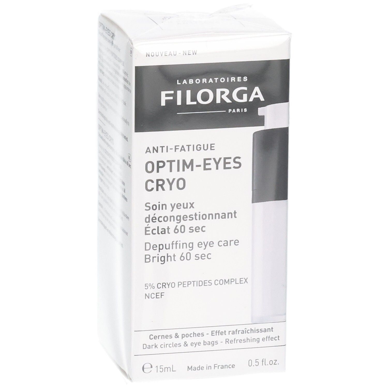 Boîte Filorga Optim-Eyes Cryo pour les yeux, face avant avec nom du produit et applicateur.
