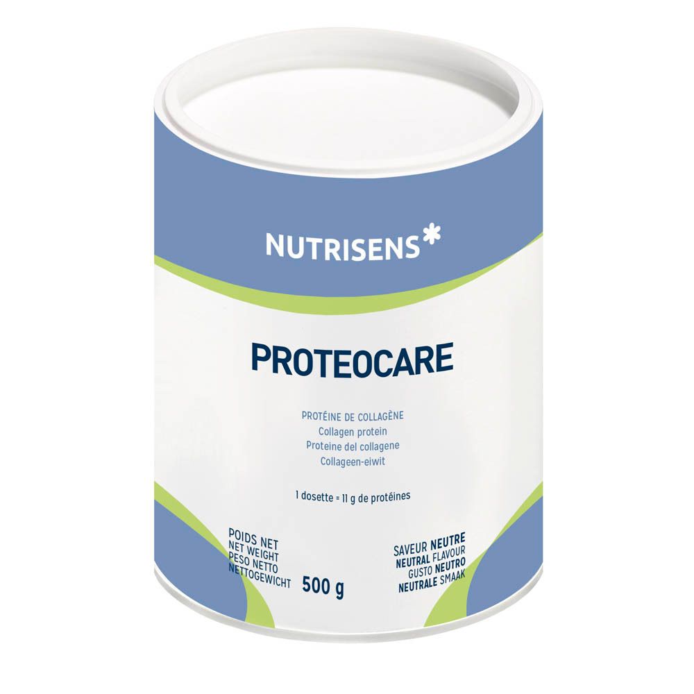 Boîte ronde Nutrisens Proteocare. Accents bleus et verts. Inscription : Protéine de collagène, 500g, saveur neutre.