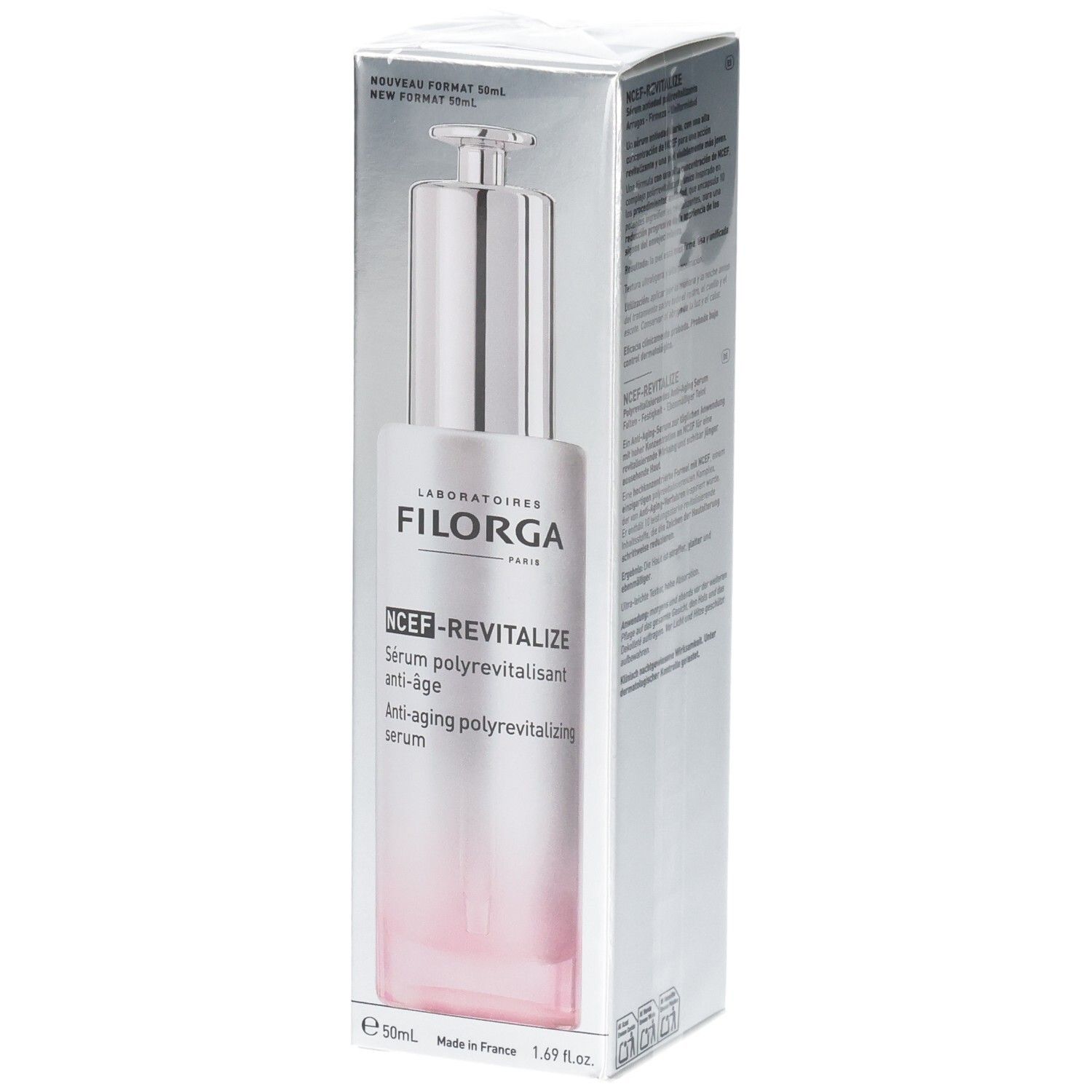 Sérum Filorga NCEF-REVITALIZE dans son emballage argenté avec dégradé rose.
