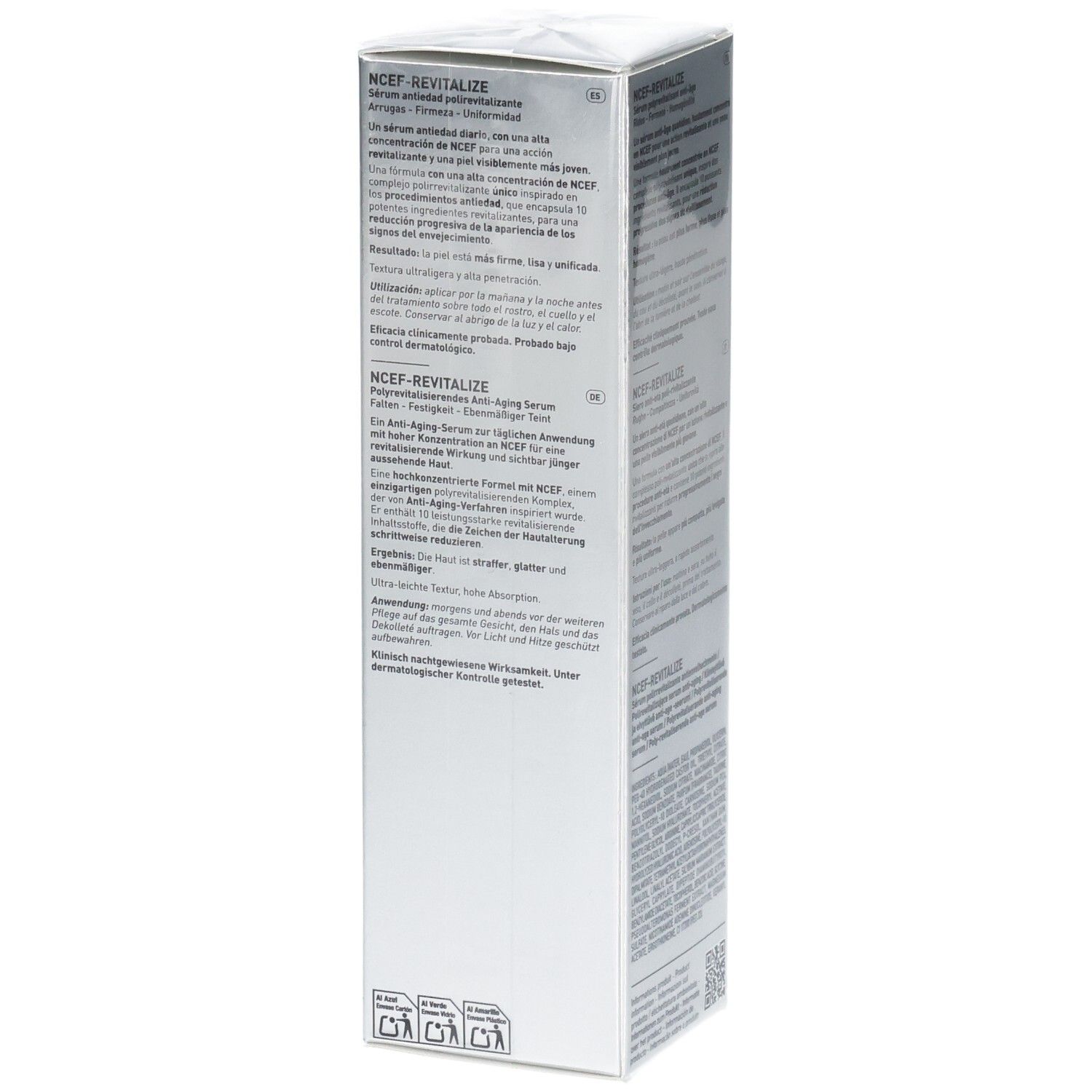 Vue latérale de l'emballage du sérum Filorga NCEF-REVITALIZE avec informations produit.